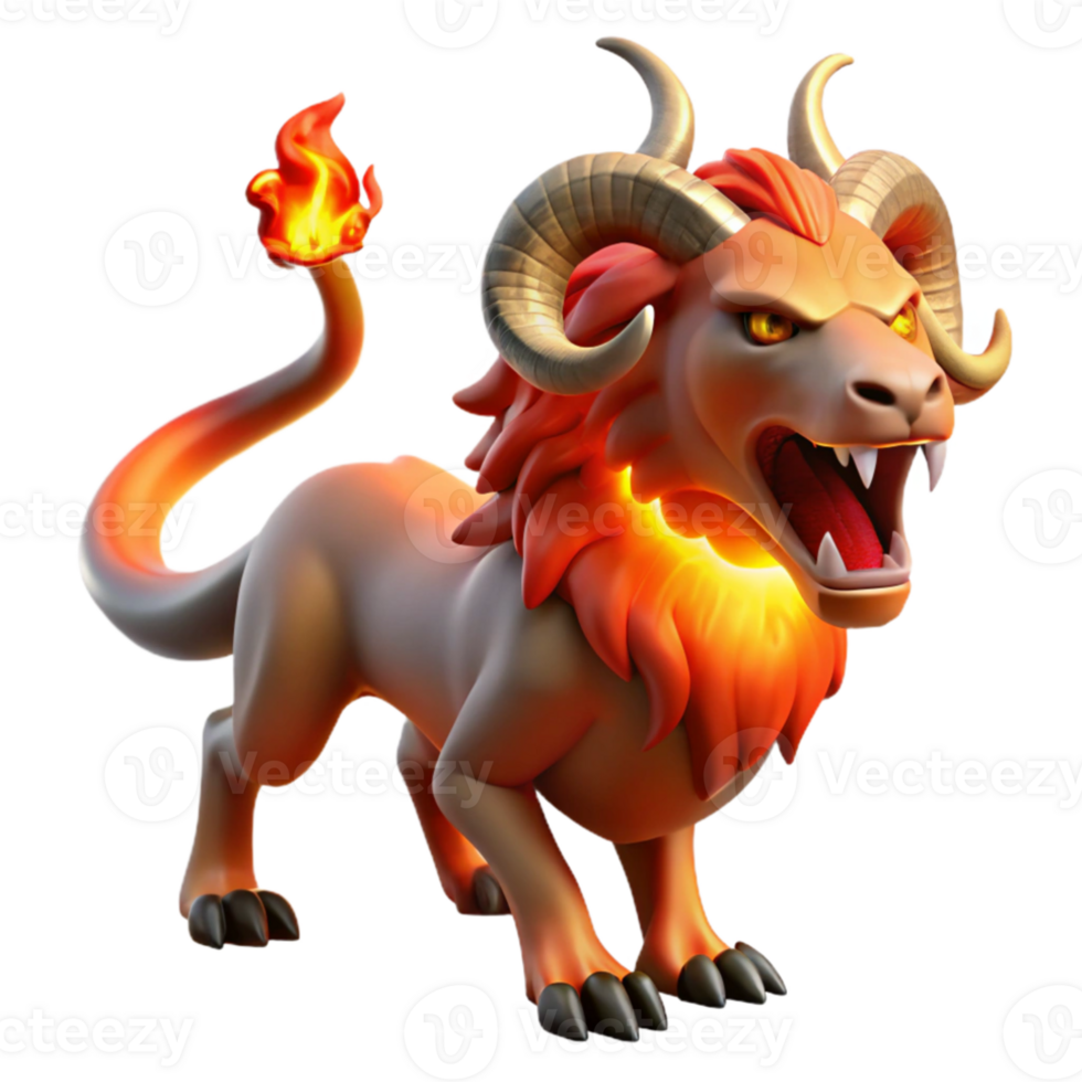 stunning creative A fearsome chimera, with a lion's head, a goat's body, and a serpent's tail, breathing fire, lit by a dramatic red glow. Surrealist style original png