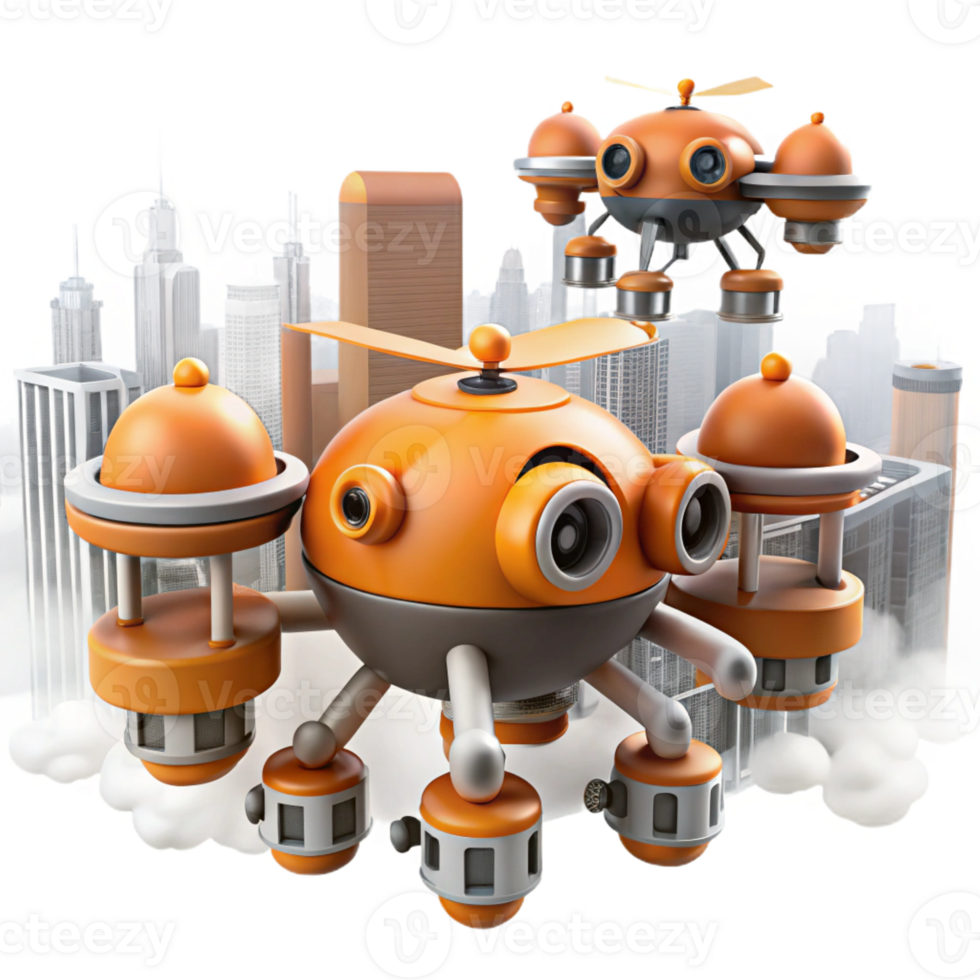 extraordinary classic A swarm of mechanical drones patrolling a smog-filled cityscape, orange and grey color palette, harsh lighting, graphic novel style high resolution png