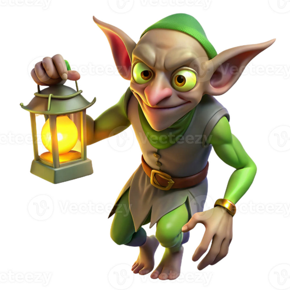 impressive modern A mischievous goblin, with pointed ears and sharp claws, stealing a jewel, lit by the flickering light of a lantern. Comic book style authentic png