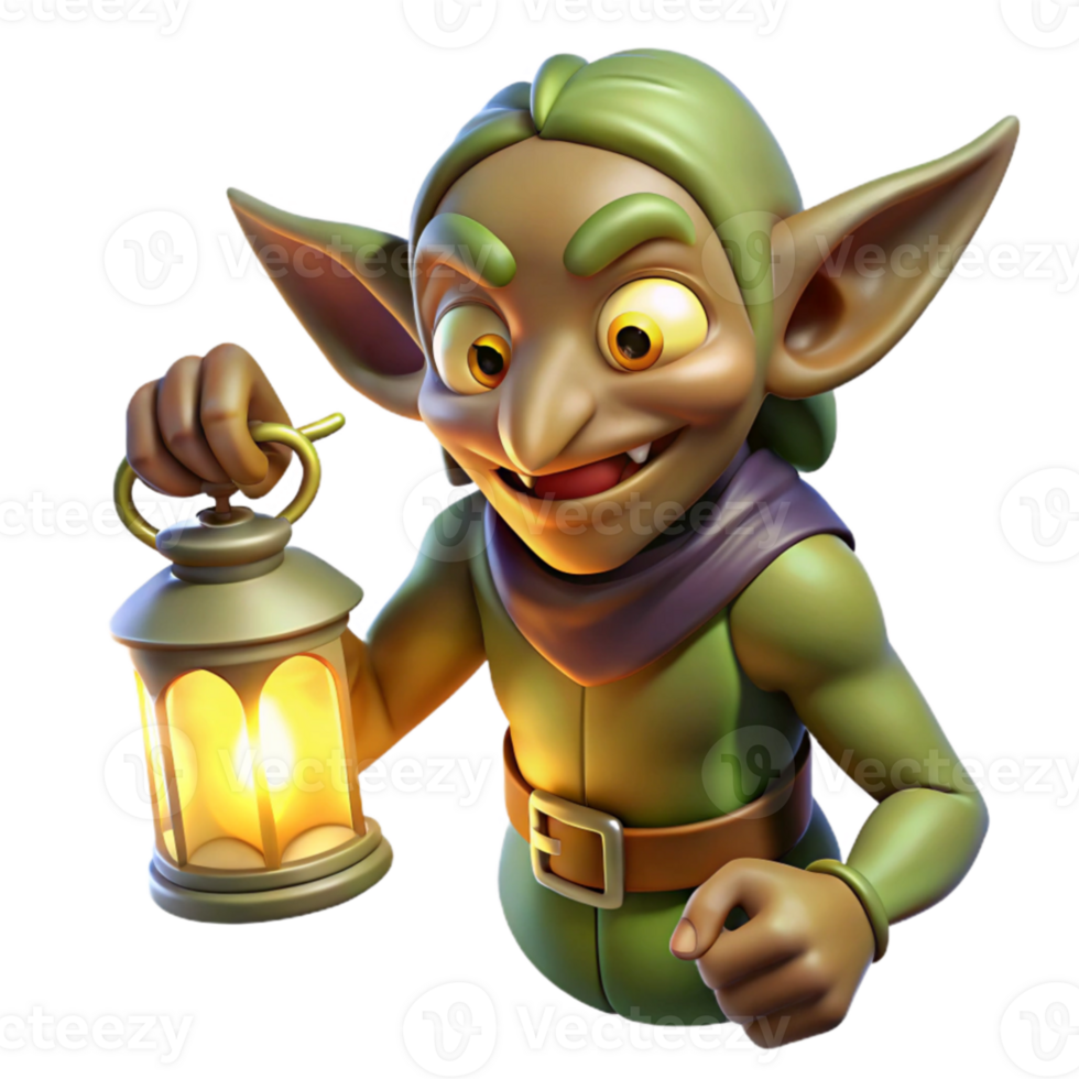 serene creative A mischievous goblin, with pointed ears and sharp claws, stealing a jewel, lit by the flickering light of a lantern. Comic book style authentic png