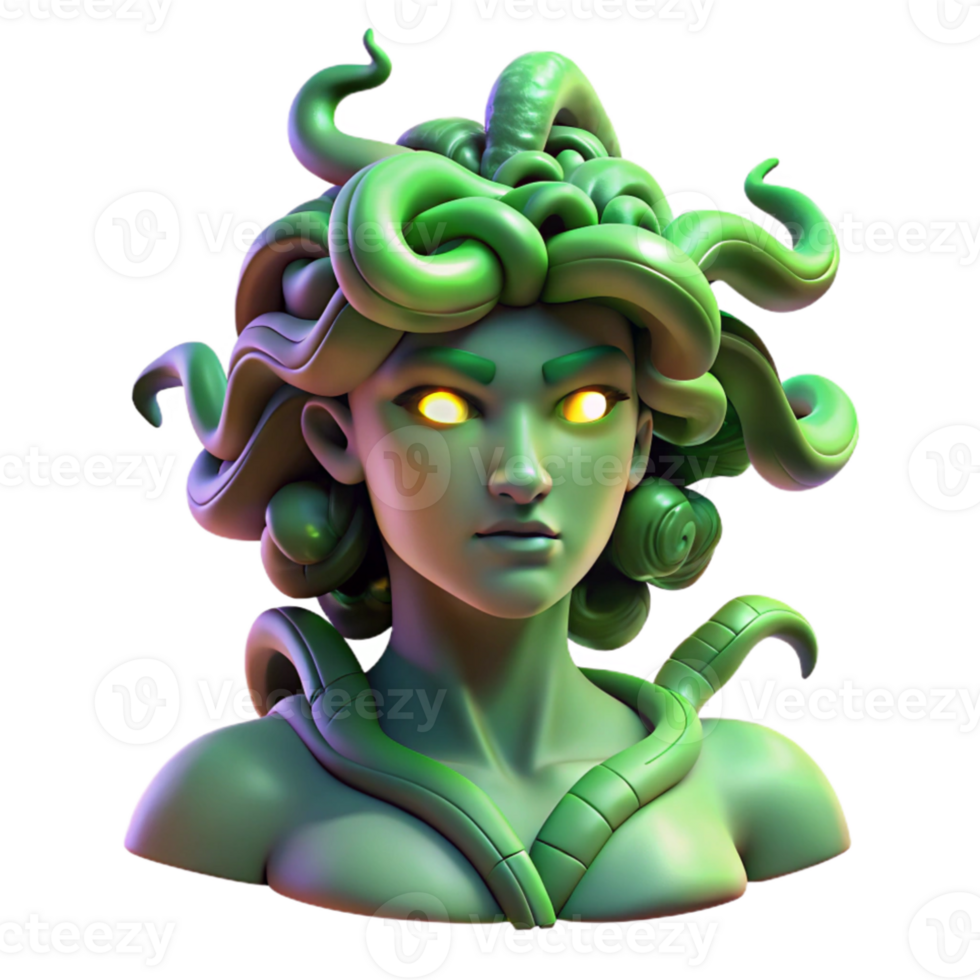 stunning minimalist A stoic medusa, with snakes for hair, turning a warrior to stone, bathed in an eerie green light. Greek mythology style high resolution png