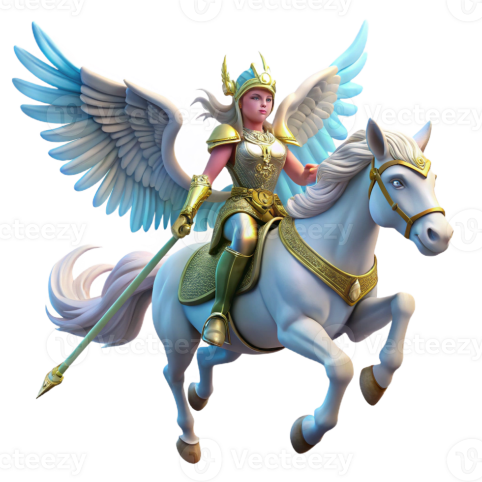 stunning rustic A graceful valkyrie, with winged helmet and spear, riding a winged horse, bathed in a celestial glow. Norse mythology style original png