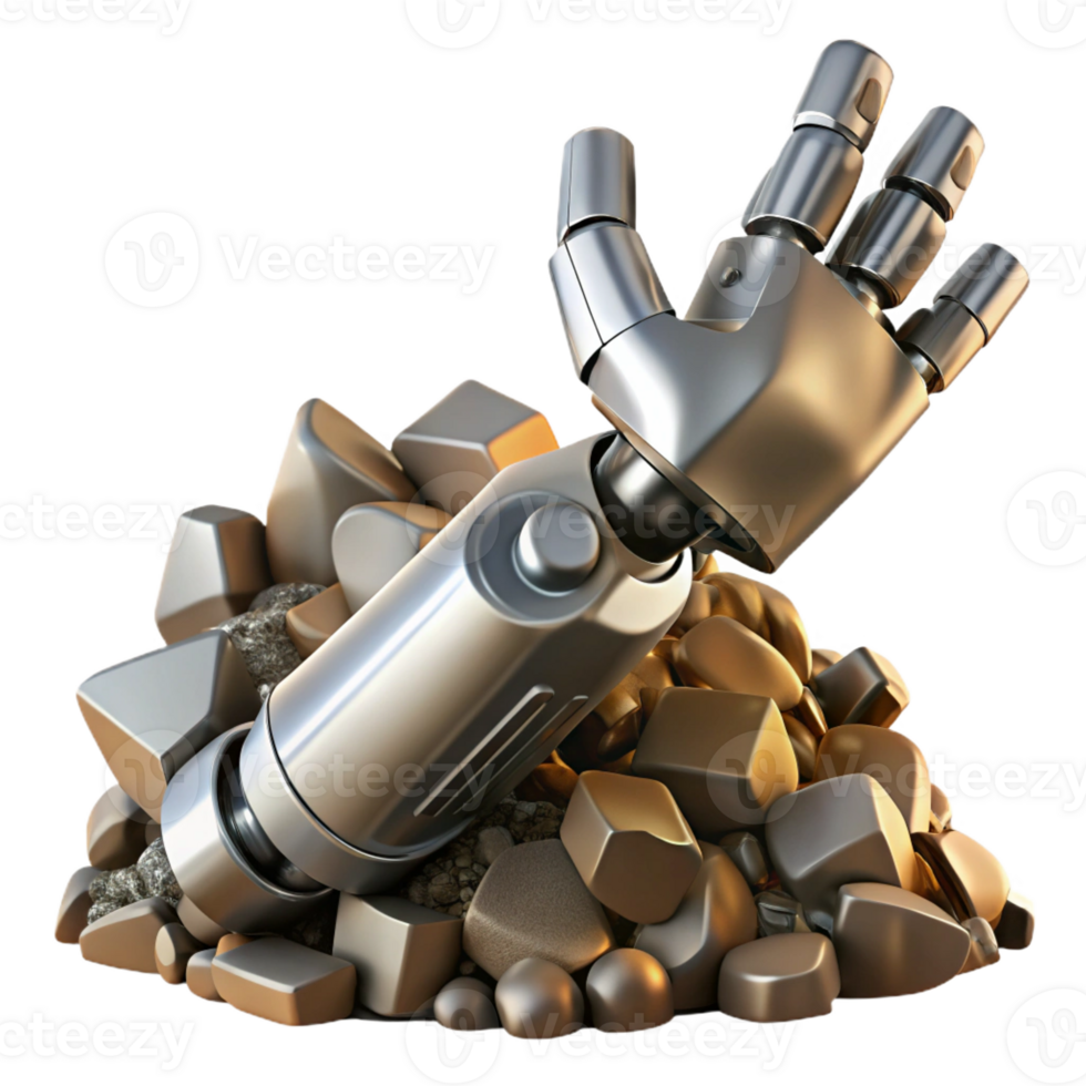 magnificent rustic A robotic hand reaching out from a pile of rubble, rusty metal texture, dramatic lighting, digital art style detailed png