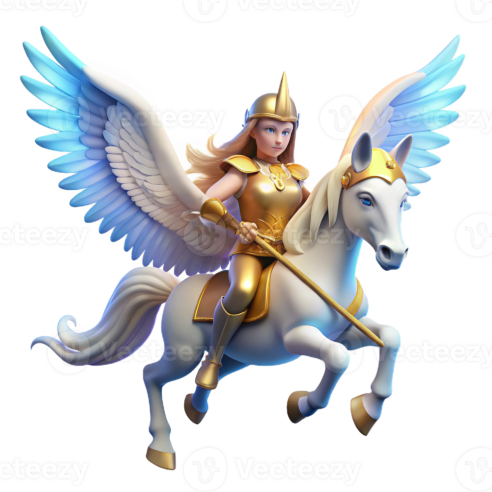 wonderful traditional A graceful valkyrie, with winged helmet and spear, riding a winged horse, bathed in a celestial glow. Norse mythology style exclusive png