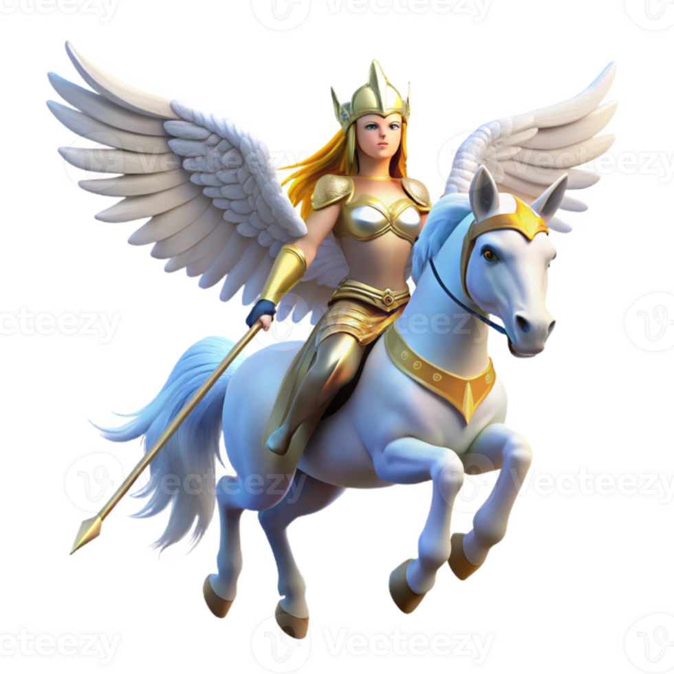 dramatic minimalist A graceful valkyrie, with winged helmet and spear, riding a winged horse, bathed in a celestial glow. Norse mythology style original png
