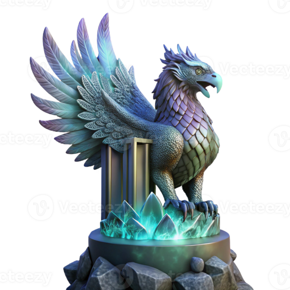 vibrant classic A majestic griffin with iridescent feathers, perched atop a crumbling obsidian tower, lit by a single beam of ethereal moonlight. Intricate, hyperrealistic style genuine png