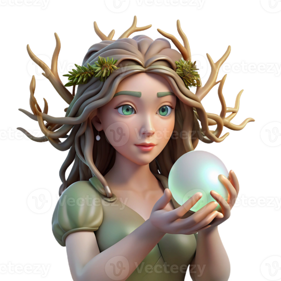 beautiful abstract A serene dryad with flowing willow branches for hair, cradling a luminous crystal orb, soft, diffused sunlight. Pre-Raphaelite style authentic png