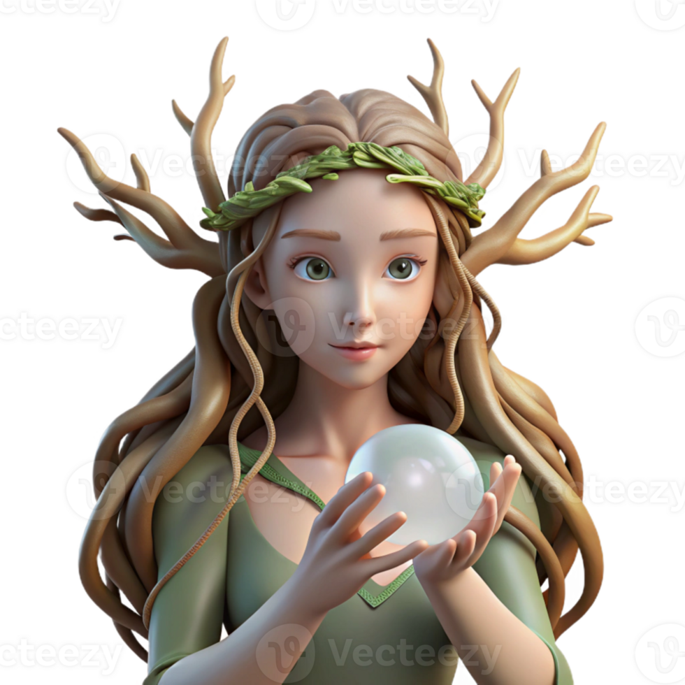 elegant artistic A serene dryad with flowing willow branches for hair, cradling a luminous crystal orb, soft, diffused sunlight. Pre-Raphaelite style 4K png