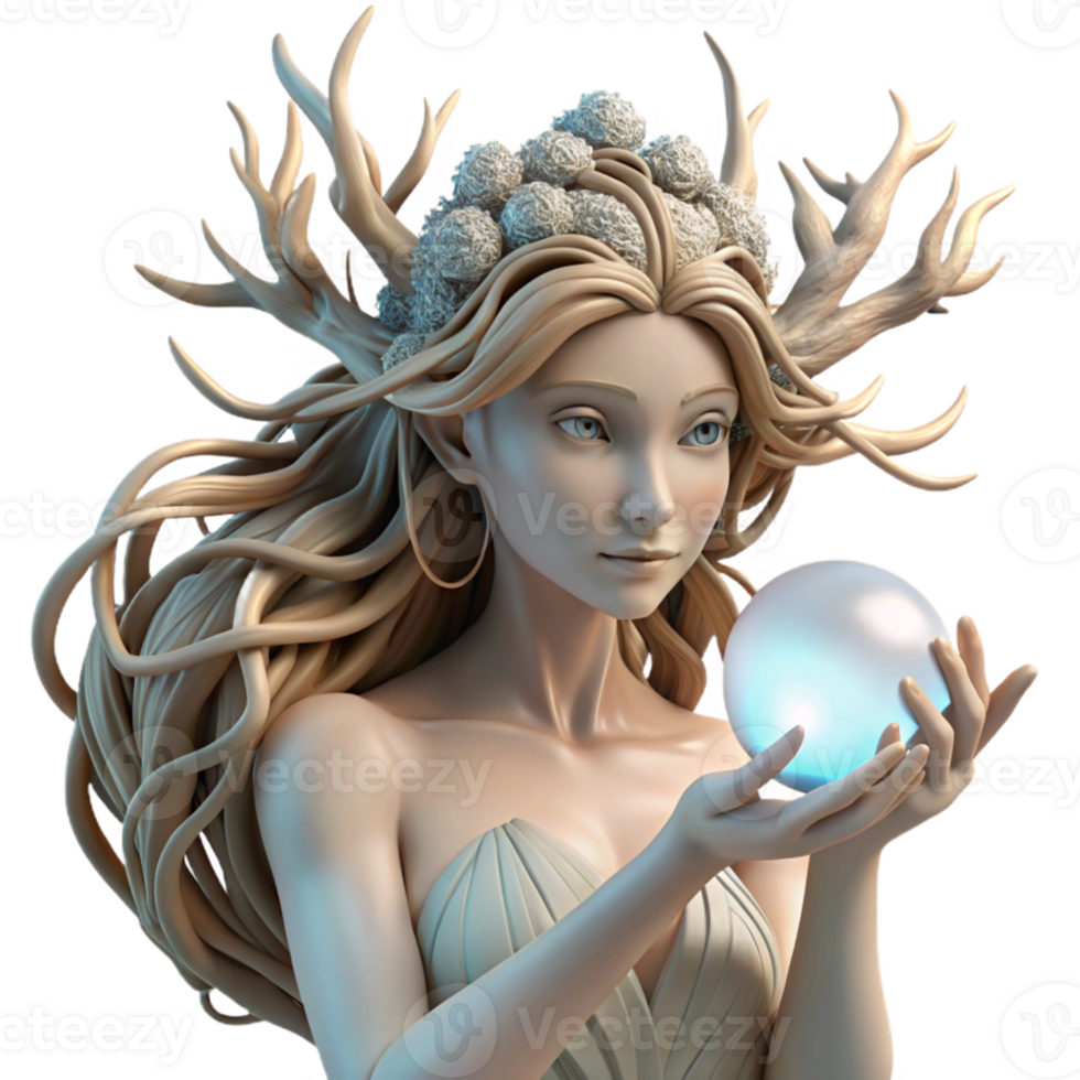 stunning abstract A serene dryad with flowing willow branches for hair, cradling a luminous crystal orb, soft, diffused sunlight. Pre-Raphaelite style high quality png