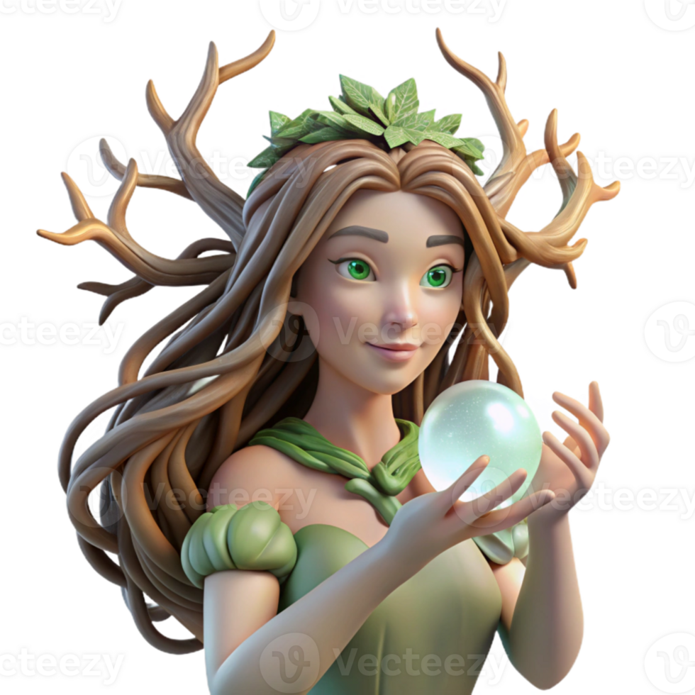 extraordinary minimalist A serene dryad with flowing willow branches for hair, cradling a luminous crystal orb, soft, diffused sunlight. Pre-Raphaelite style genuine png