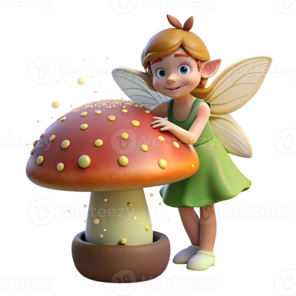 extraordinary rustic A mischievous pixie with gossamer wings, dusting a giant mushroom with sparkling fairy dust, dappled sunlight. Storybook illustration style premium png