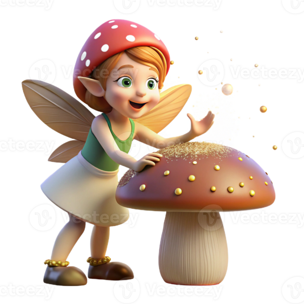 dramatic modern A mischievous pixie with gossamer wings, dusting a giant mushroom with sparkling fairy dust, dappled sunlight. Storybook illustration style exclusive png