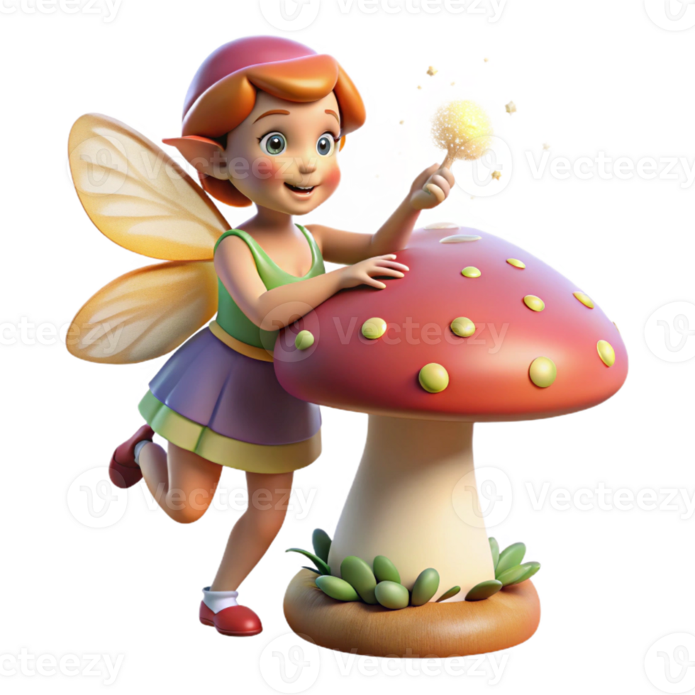 extraordinary contemporary A mischievous pixie with gossamer wings, dusting a giant mushroom with sparkling fairy dust, dappled sunlight. Storybook illustration style 4K png