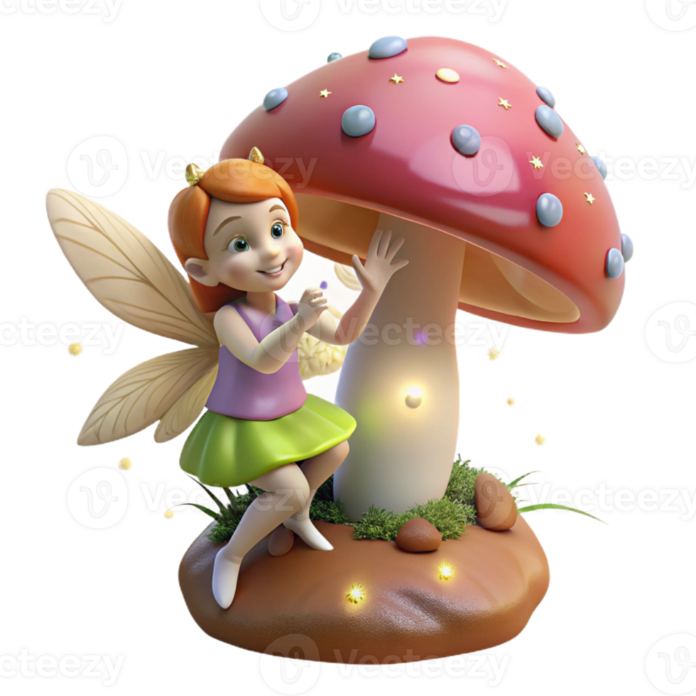 vibrant vintage A mischievous pixie with gossamer wings, dusting a giant mushroom with sparkling fairy dust, dappled sunlight. Storybook illustration style high resolution png