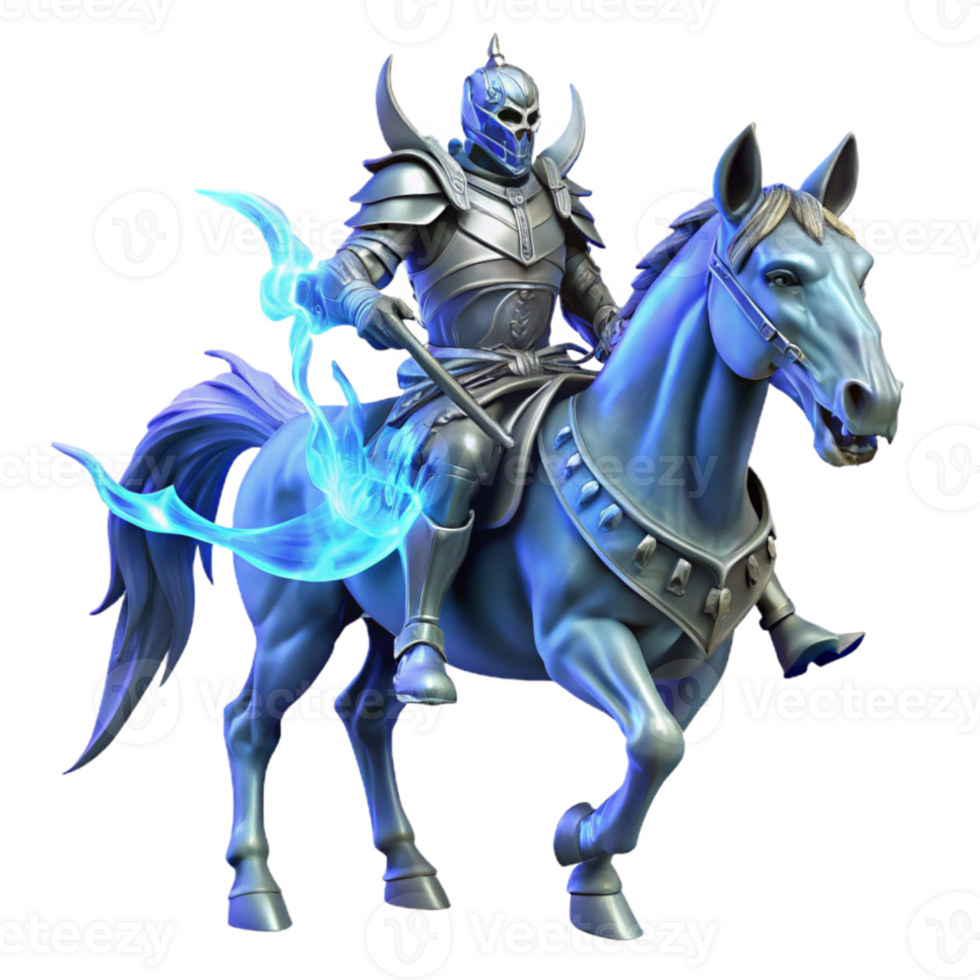 vibrant artistic A lone, spectral knight clad in shimmering silver armor, astride a skeletal warhorse, ghostly blue moonlight. Dark fantasy art style 4K png