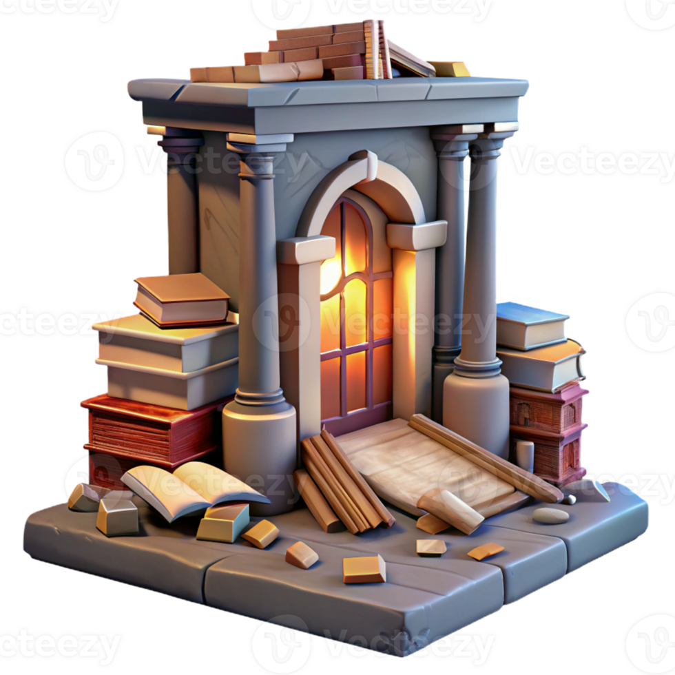 serene traditional A decaying library filled with crumbling books, dim lighting, nostalgic atmosphere, vintage style premium png