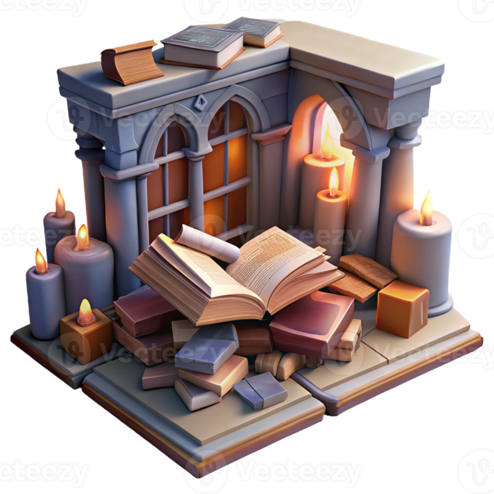 vibrant traditional A decaying library filled with crumbling books, dim lighting, nostalgic atmosphere, vintage style authentic png