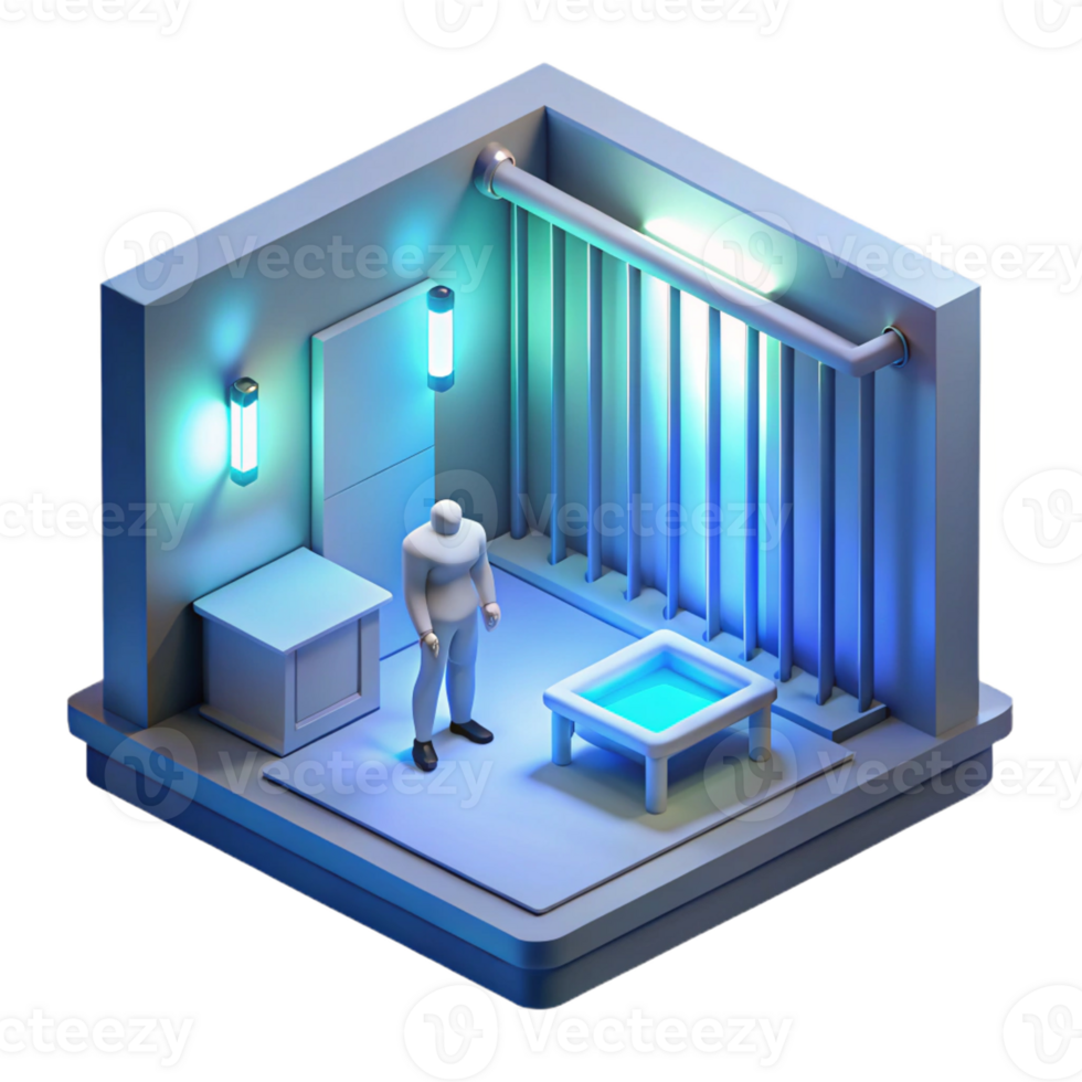 stunning minimalist A futuristic prison cell with a lone occupant, cold blue light, minimalist style genuine png
