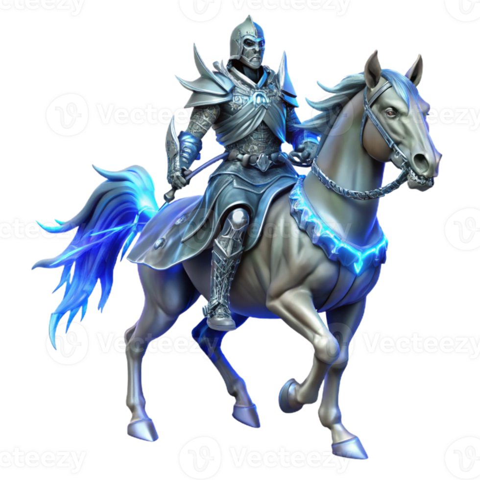 magnificent minimalist A lone, spectral knight clad in shimmering silver armor, astride a skeletal warhorse, ghostly blue moonlight. Dark fantasy art style professional png