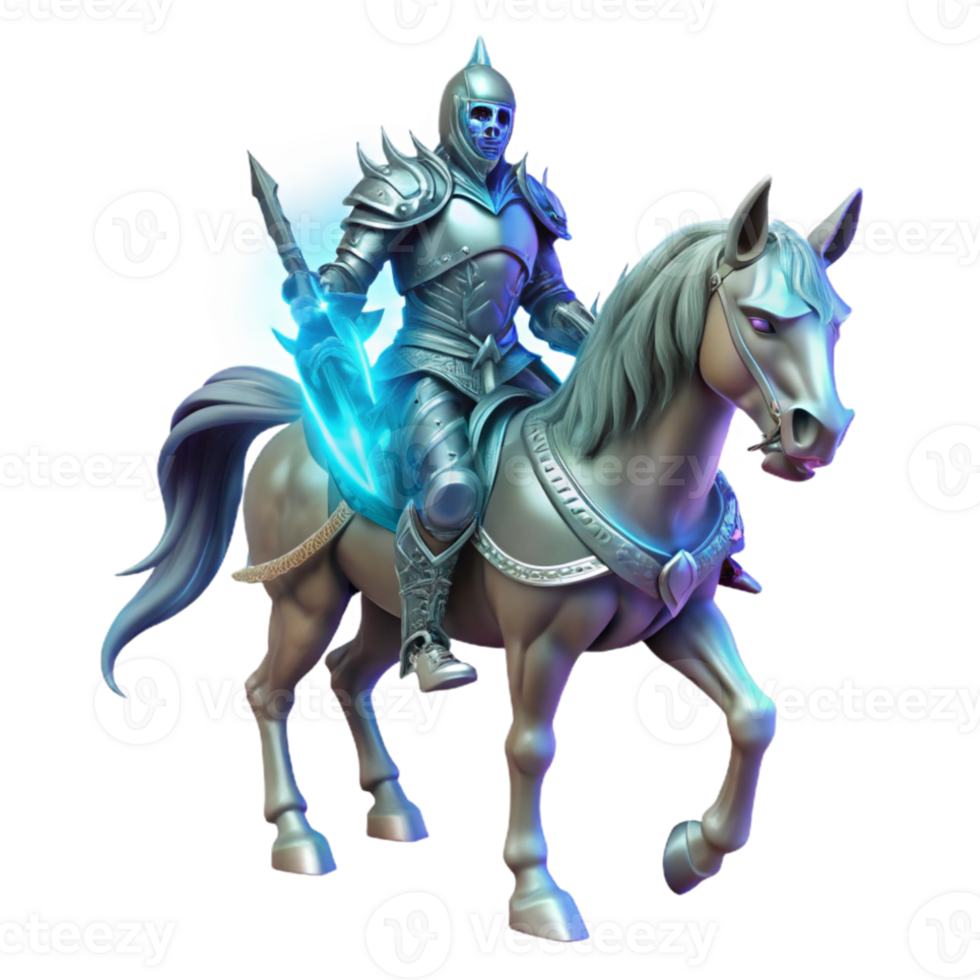impressive modern A lone, spectral knight clad in shimmering silver armor, astride a skeletal warhorse, ghostly blue moonlight. Dark fantasy art style high quality png