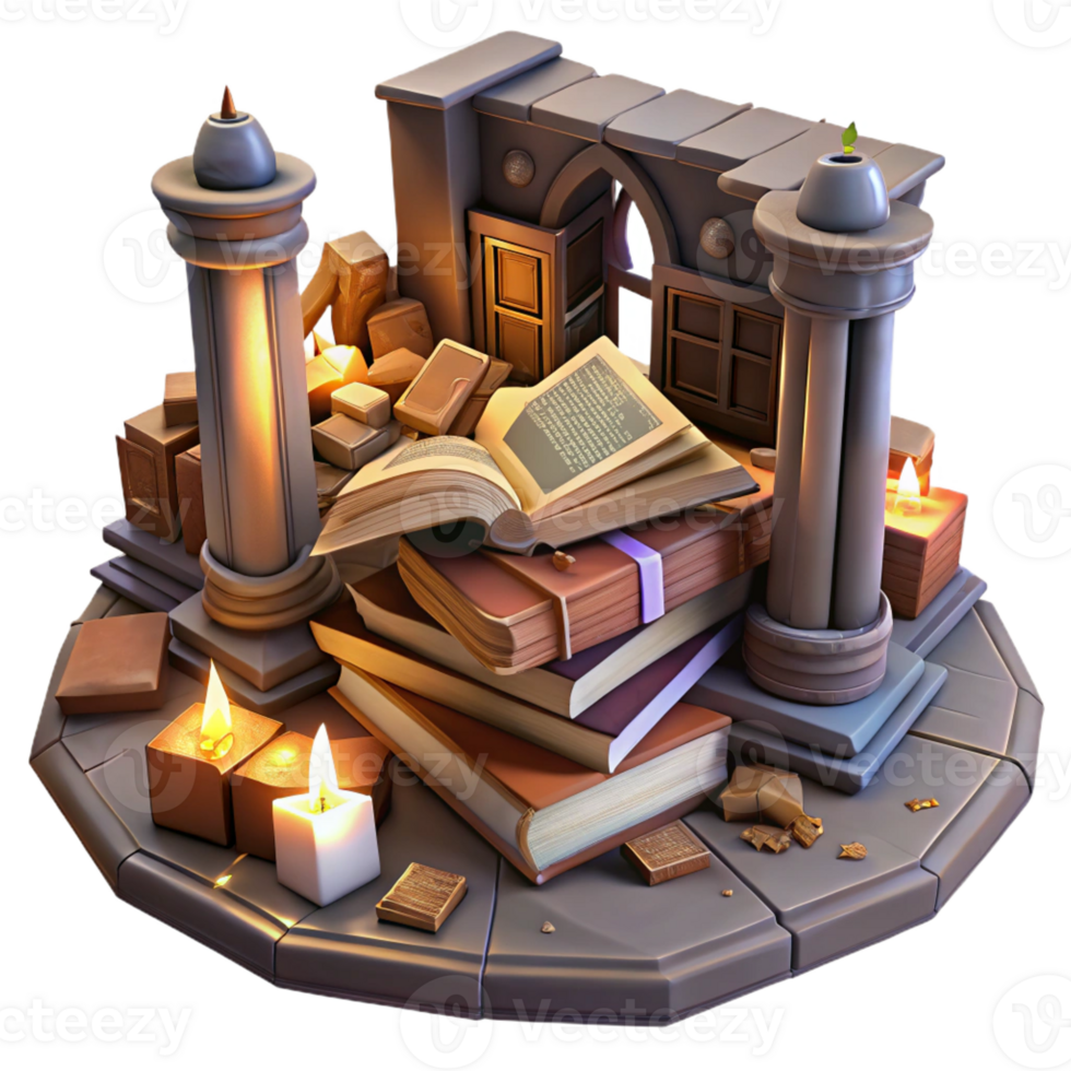 beautiful creative A decaying library filled with crumbling books, dim lighting, nostalgic atmosphere, vintage style 4K png