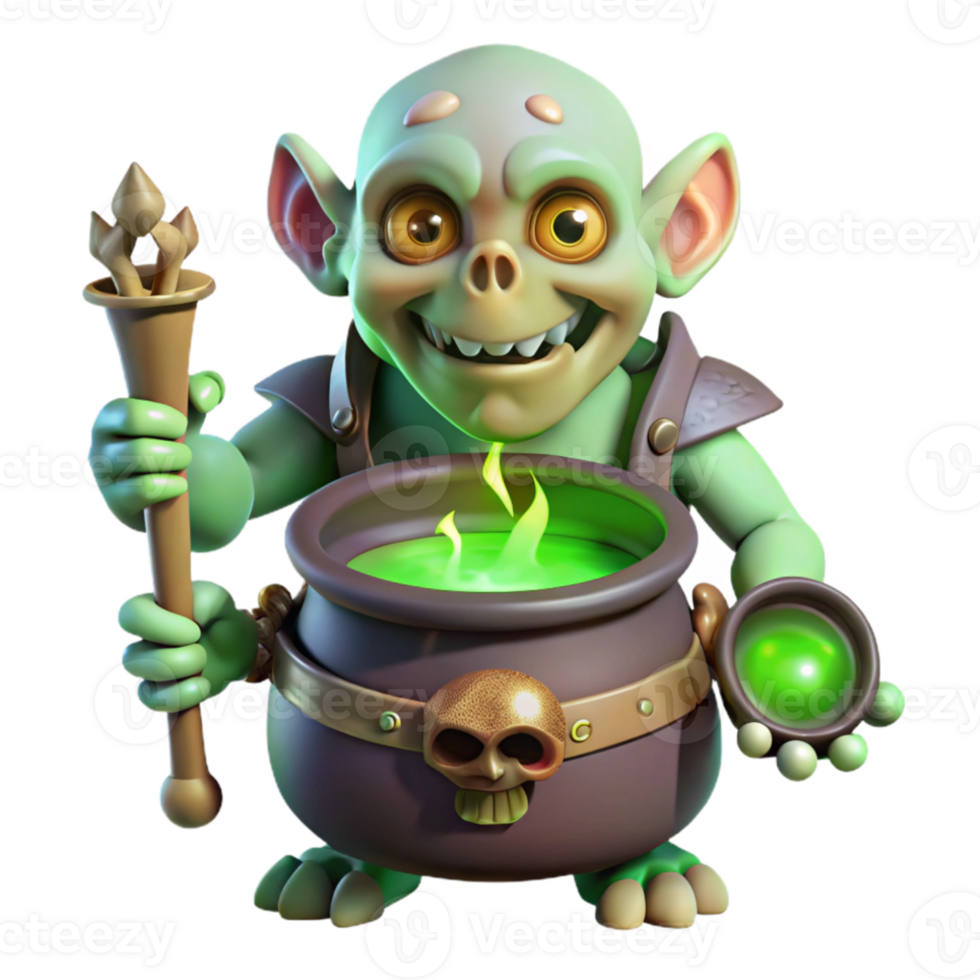 extraordinary classic A grotesque goblin shaman adorned with bone jewelry, chanting over a bubbling cauldron, eerie green light. Grotesque art style exclusive png