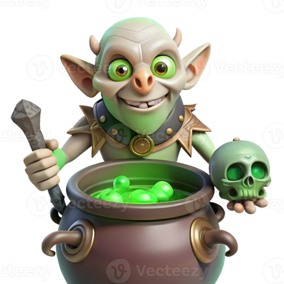 extraordinary creative A grotesque goblin shaman adorned with bone jewelry, chanting over a bubbling cauldron, eerie green light. Grotesque art style genuine png