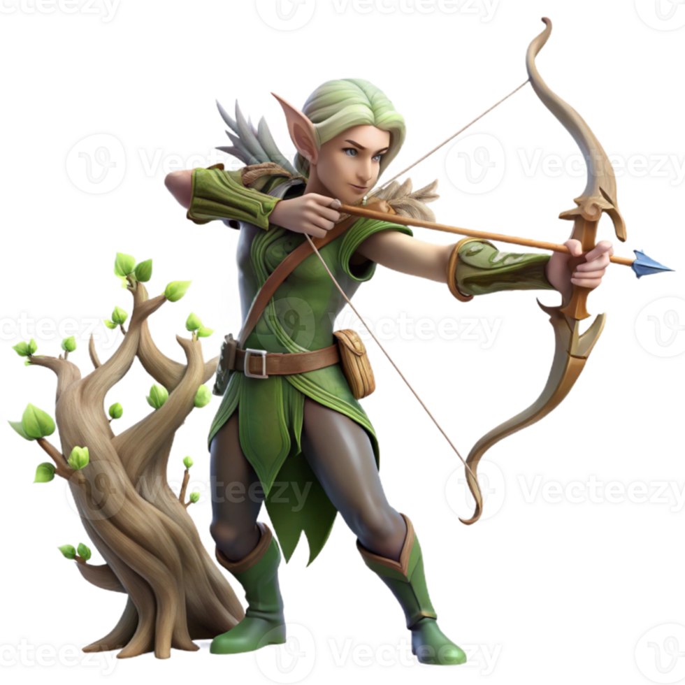 dramatic minimalist An elegant elven archer with a bow made of twisted vines, aiming at an unseen target, soft, dappled forest light. Digital art style genuine png
