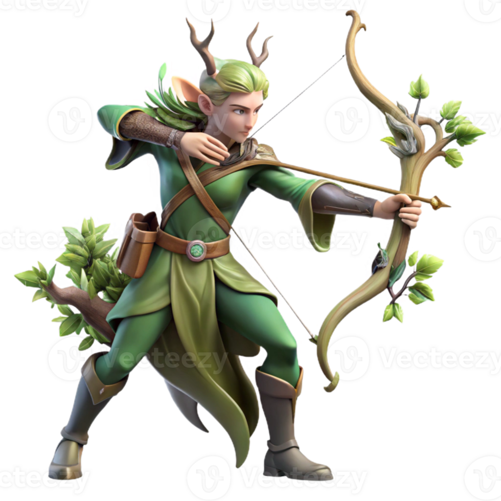 beautiful classic An elegant elven archer with a bow made of twisted vines, aiming at an unseen target, soft, dappled forest light. Digital art style high resolution png