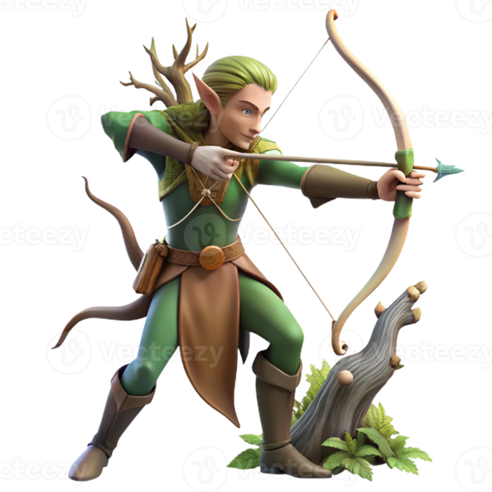extraordinary creative An elegant elven archer with a bow made of twisted vines, aiming at an unseen target, soft, dappled forest light. Digital art style exclusive png