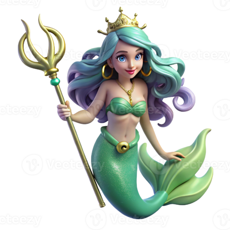 magnificent rustic A beautiful mermaid with flowing seaweed hair, holding a pearl-encrusted trident, underwater lighting. Fantasy art style 4K png