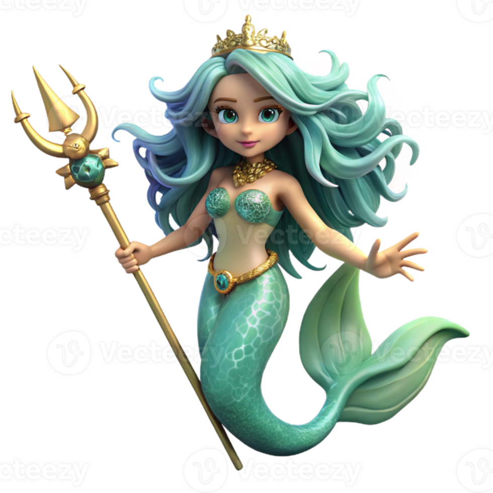 impressive minimalist A beautiful mermaid with flowing seaweed hair, holding a pearl-encrusted trident, underwater lighting. Fantasy art style genuine png
