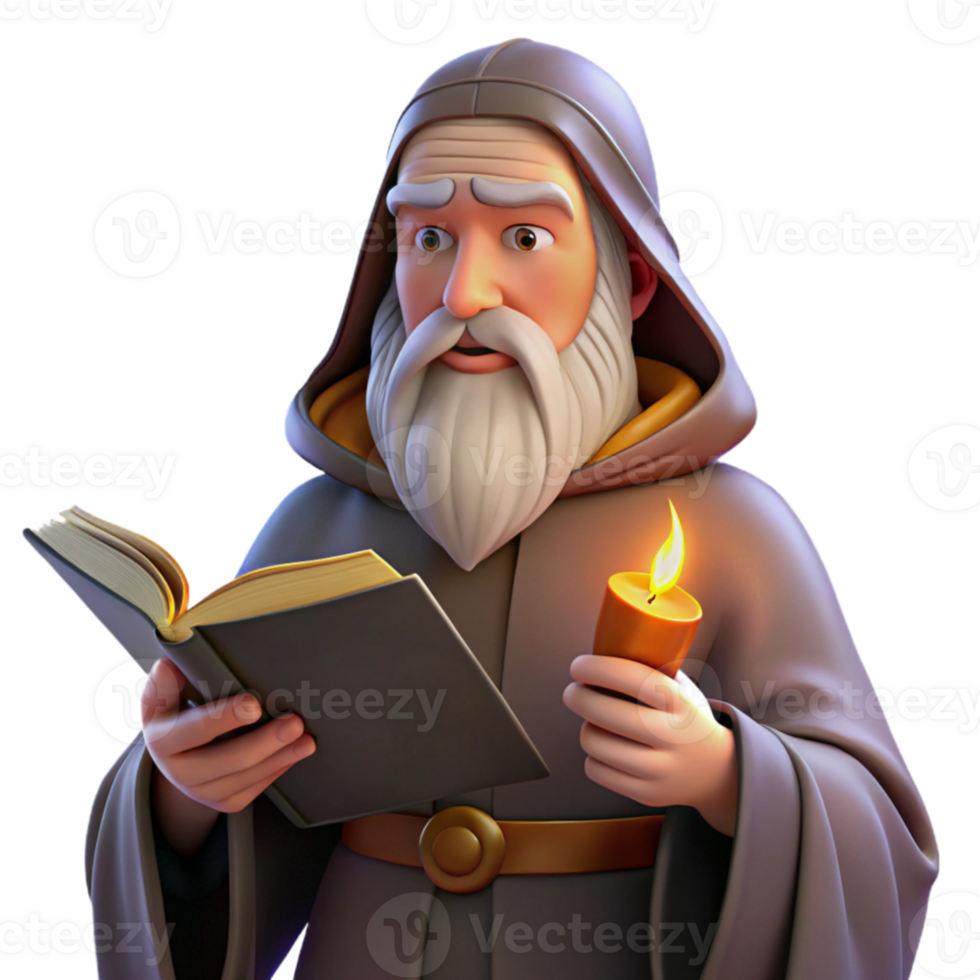 serene classic A wise old wizard with a long white beard, reading from an ancient tome, warm firelight. Classical painting style detailed png