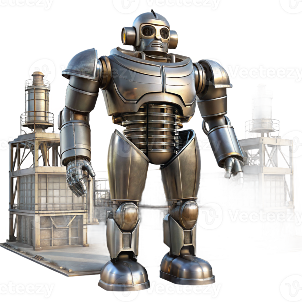 serene classic A giant robot patrolling a deserted industrial complex, metallic textures, imposing lighting high resolution png