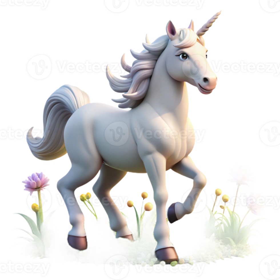 magnificent creative A graceful unicorn with a silver horn, galloping through a field of wildflowers, soft sunlight. Dreamlike art style authentic png