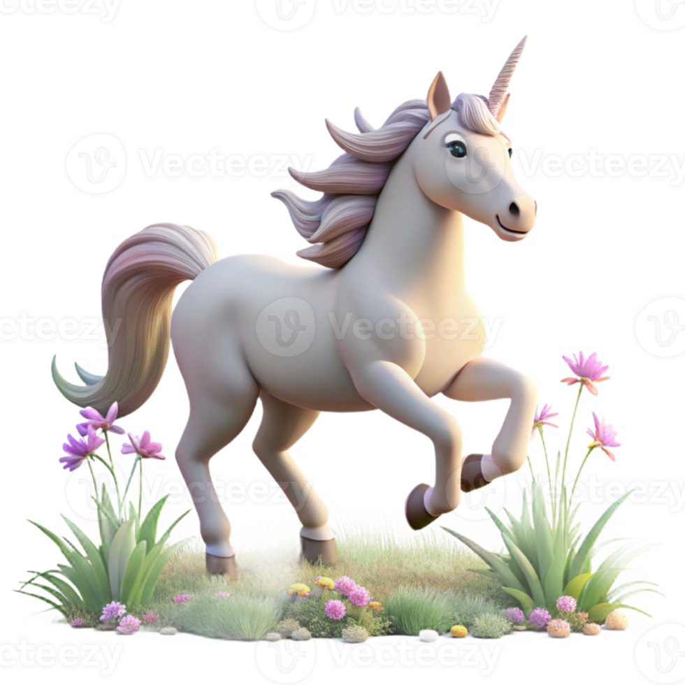 dramatic vintage A graceful unicorn with a silver horn, galloping through a field of wildflowers, soft sunlight. Dreamlike art style high resolution png