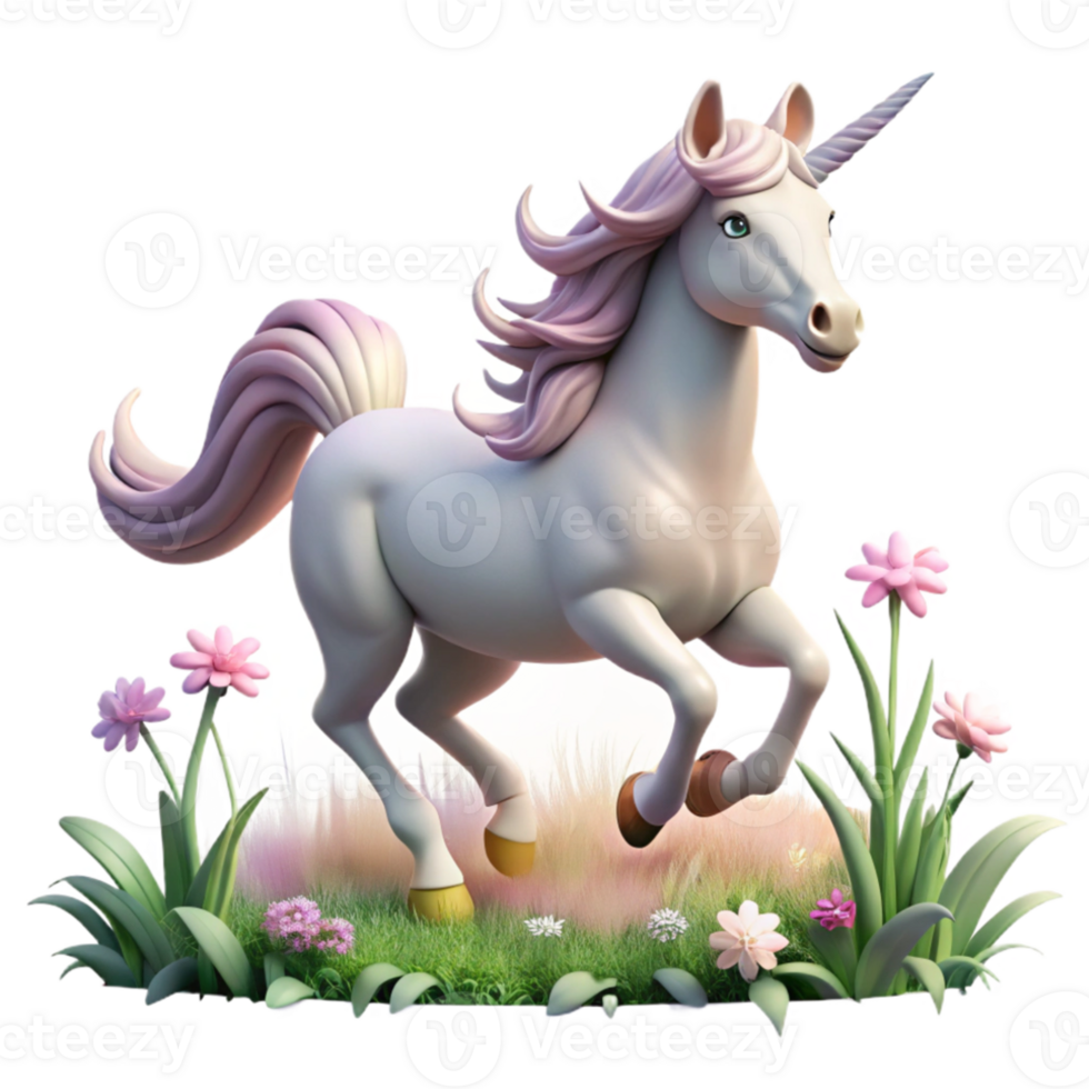 impressive artistic A graceful unicorn with a silver horn, galloping through a field of wildflowers, soft sunlight. Dreamlike art style professional png