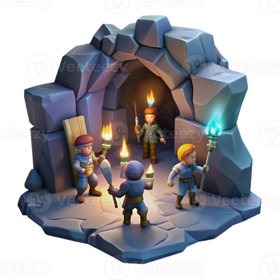 dramatic minimalist A group of adventurers exploring a dark, mysterious cave, torchlight. Dungeon crawler art style high quality png