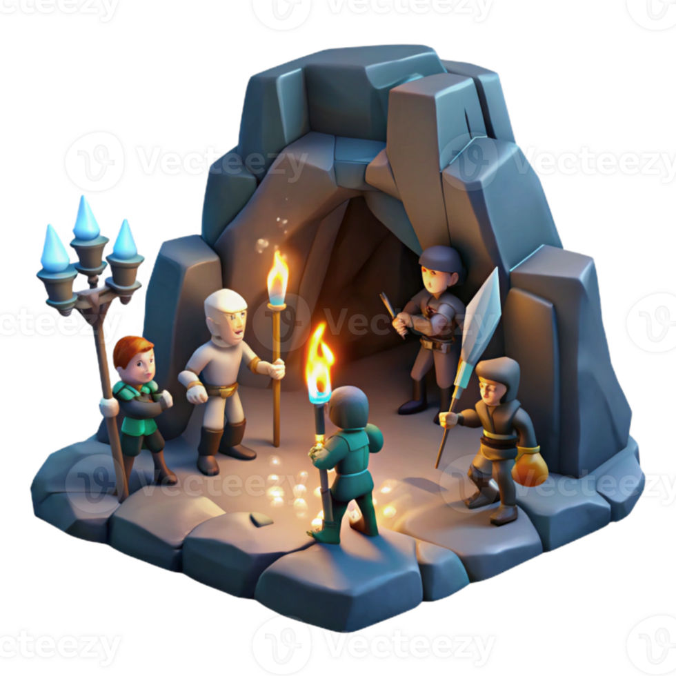 impressive creative A group of adventurers exploring a dark, mysterious cave, torchlight. Dungeon crawler art style premium png