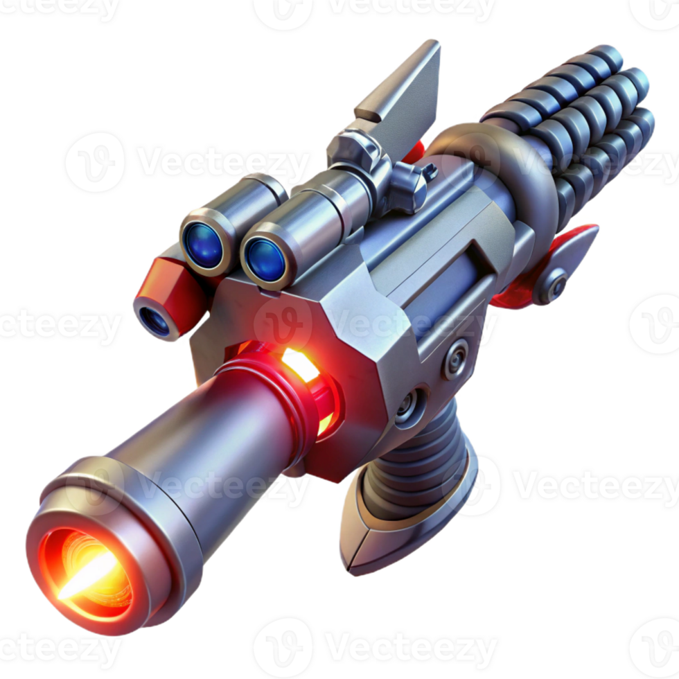 vibrant traditional A futuristic weapon with intricate carvings, glowing energy cores, and a sleek metallic finish, held by a robotic hand, lit by a dramatic red spotlight. Sci-fi style professional png