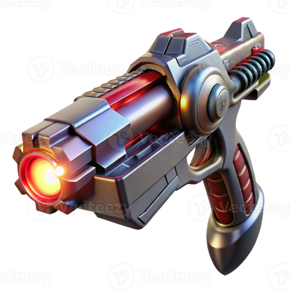 vibrant creative A futuristic weapon with intricate carvings, glowing energy cores, and a sleek metallic finish, held by a robotic hand, lit by a dramatic red spotlight. Sci-fi style 4K png