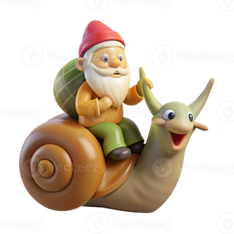 vibrant classic A whimsical gnome riding a giant snail through a magical forest, soft, dappled sunlight. Children's book illustration style original png