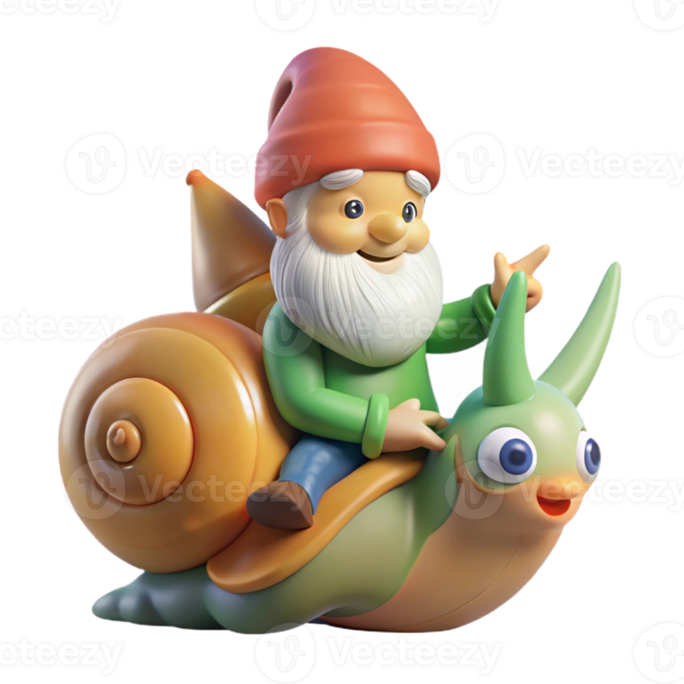 serene creative A whimsical gnome riding a giant snail through a magical forest, soft, dappled sunlight. Children's book illustration style exclusive png