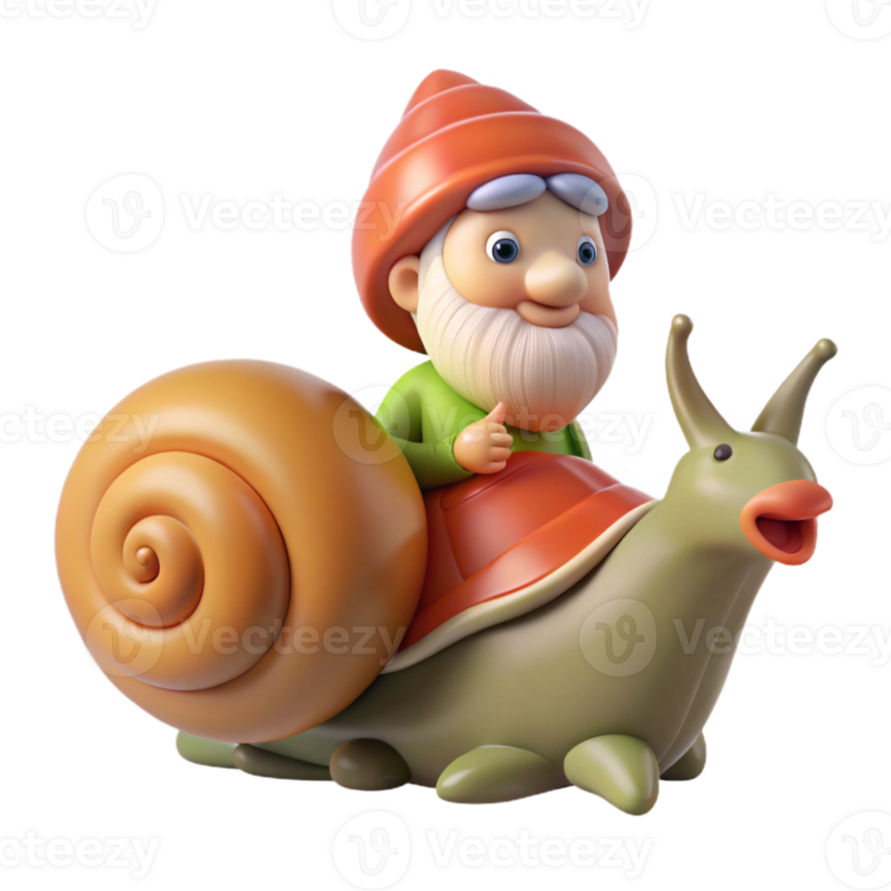 stunning traditional A whimsical gnome riding a giant snail through a magical forest, soft, dappled sunlight. Children's book illustration style authentic png