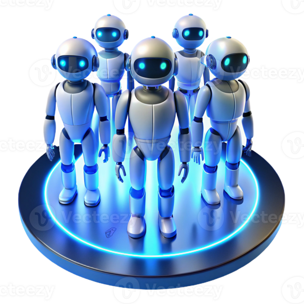 wonderful rustic A group of futuristic, humanoid robots with diverse designs and glowing accents, standing in a circle, lit by a soft, ambient blue light. Character design style professional png