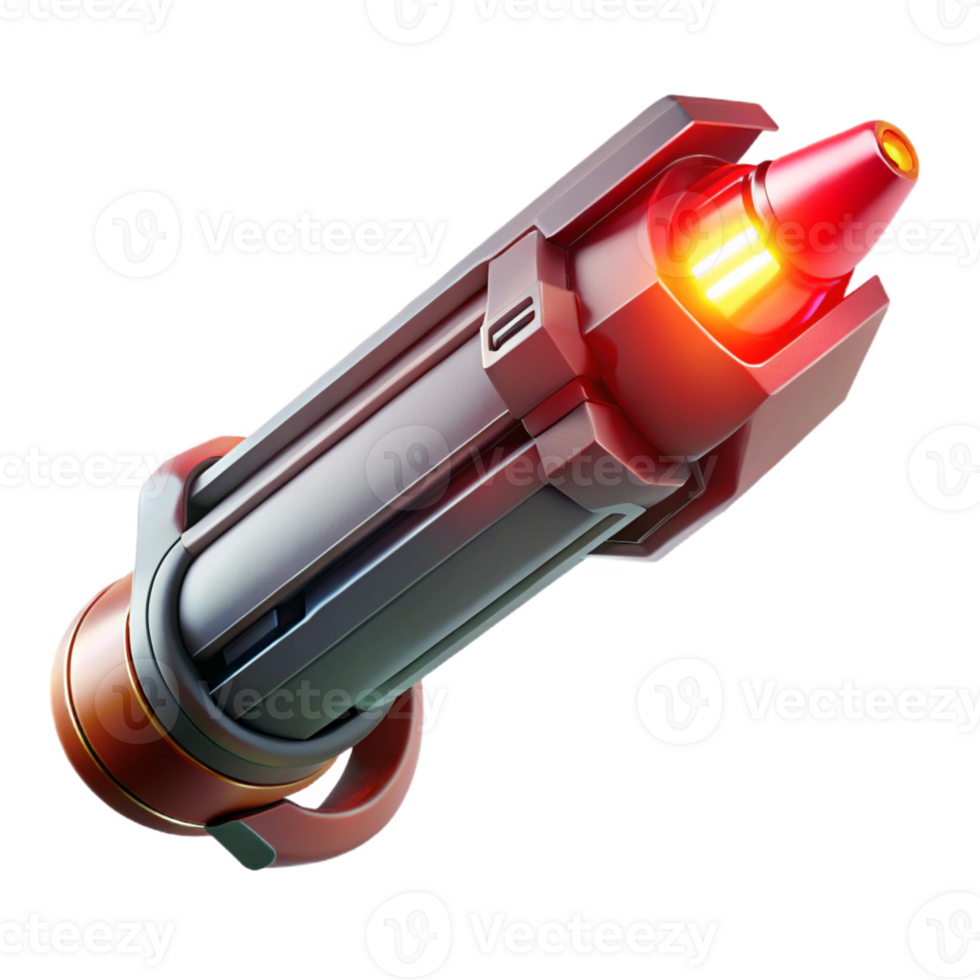 magnificent contemporary A futuristic weapon with a sleek, minimalist design and glowing energy core, floating in mid-air, lit by a dramatic red light. Minimalist style professional png