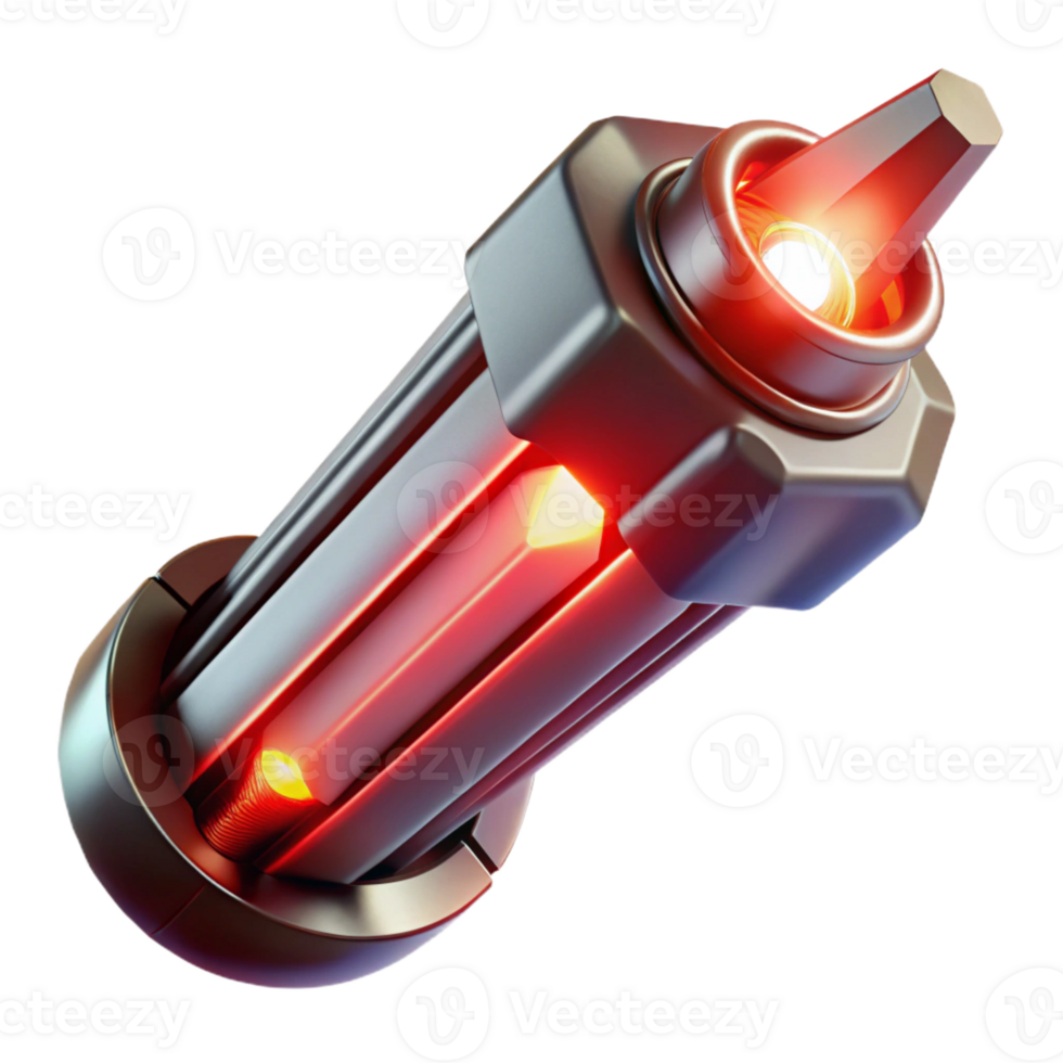 wonderful minimalist A futuristic weapon with a sleek, minimalist design and glowing energy core, floating in mid-air, lit by a dramatic red light. Minimalist style high resolution png