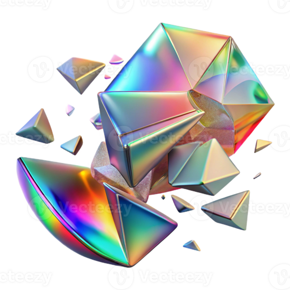 vibrant minimalist Shattered fragments of glass, refracting light in a rainbow spectrum, with a sharp focus and a realistic rendering style, in a deconstructed abstract style original png