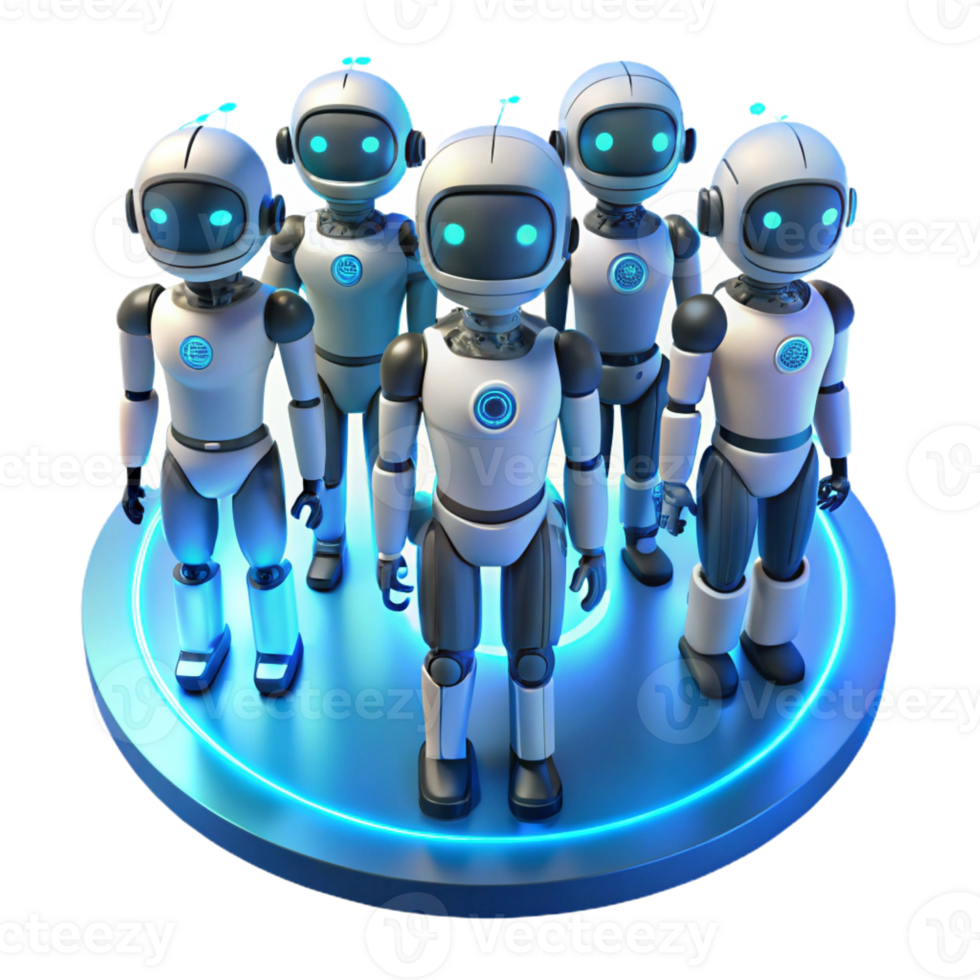 impressive minimalist A group of futuristic, humanoid robots with diverse designs and glowing accents, standing in a circle, lit by a soft, ambient blue light. Character design style authentic png