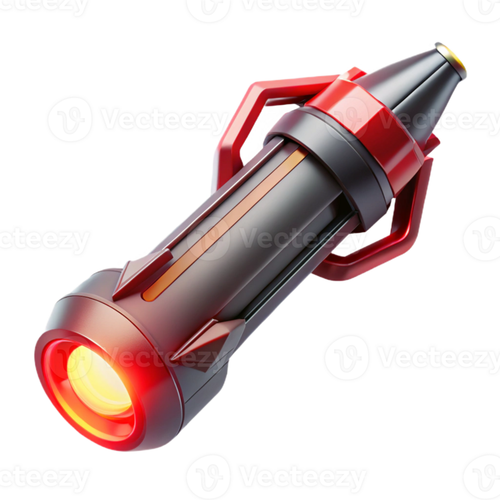 wonderful artistic A futuristic weapon with a sleek, minimalist design and glowing energy core, floating in mid-air, lit by a dramatic red light. Minimalist style authentic png